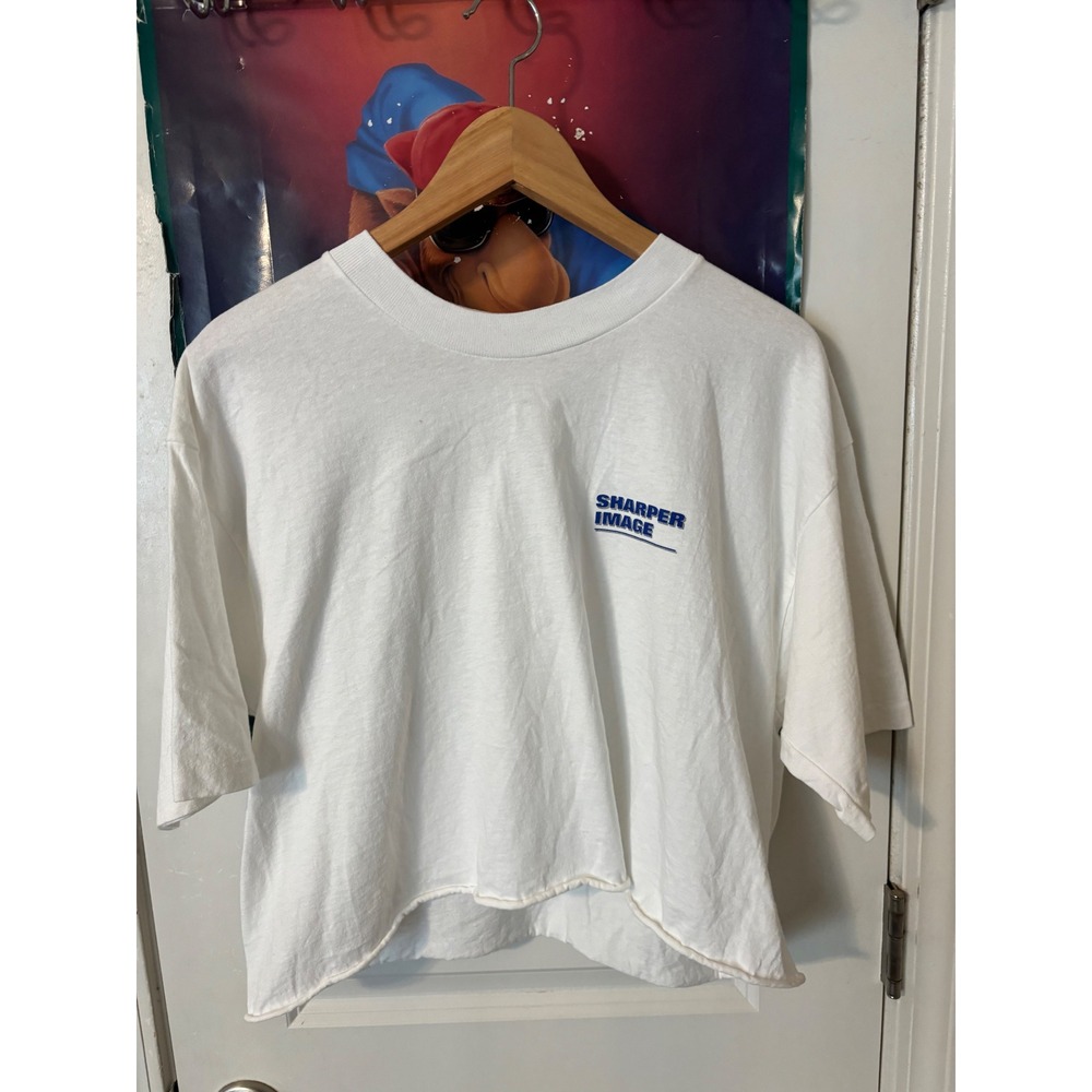 Vintage Sharper Image White Cropped T-Shirt Embroidered Logo Made in USA OSFM
